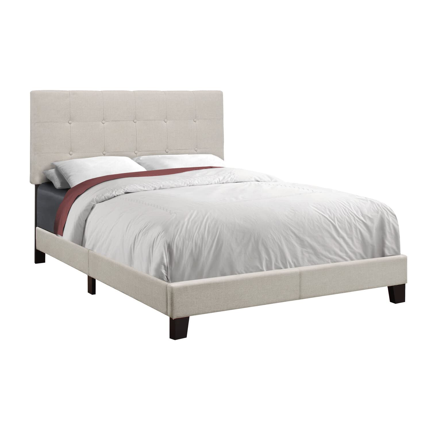 Monarch Specialties I 6020Q Bed, Queen Size, Platform, Bedroom, Frame, Upholstered, Linen Look, Wood Legs, Grey, Transitional